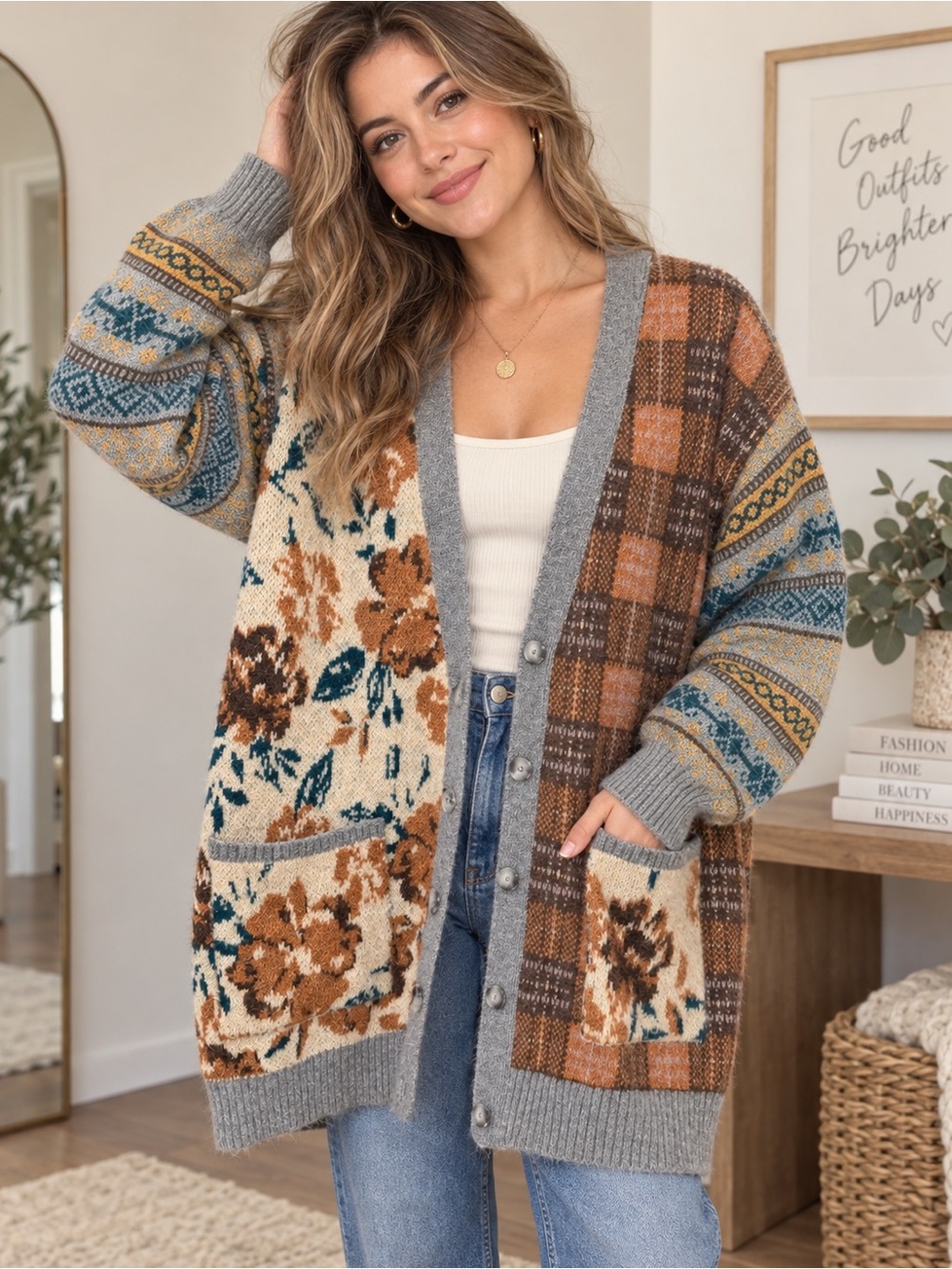Zara Patchwork Floral Plaid Cardigan - Gray, Brown, Cream, Blue